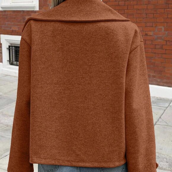 Brown Casual Women's Oversized Collar Button down Long Sleeve Coat - Picture 3 of 7